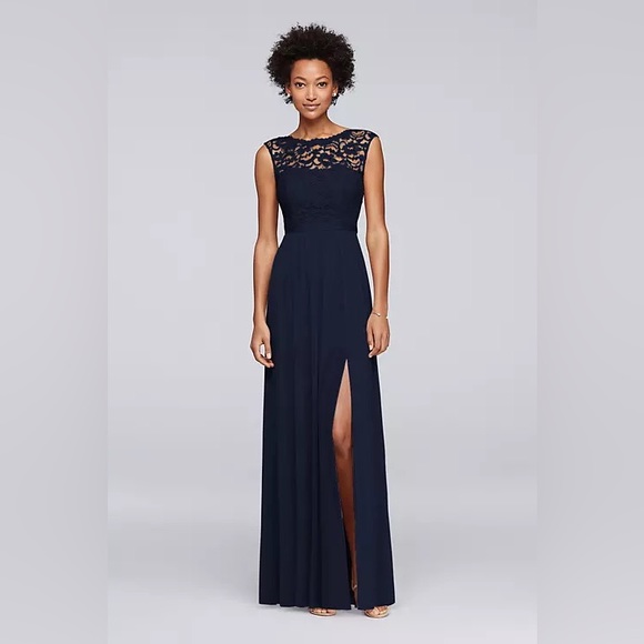 David’s Bridal lace dress w long mesh skirt in marine - Picture 1 of 5